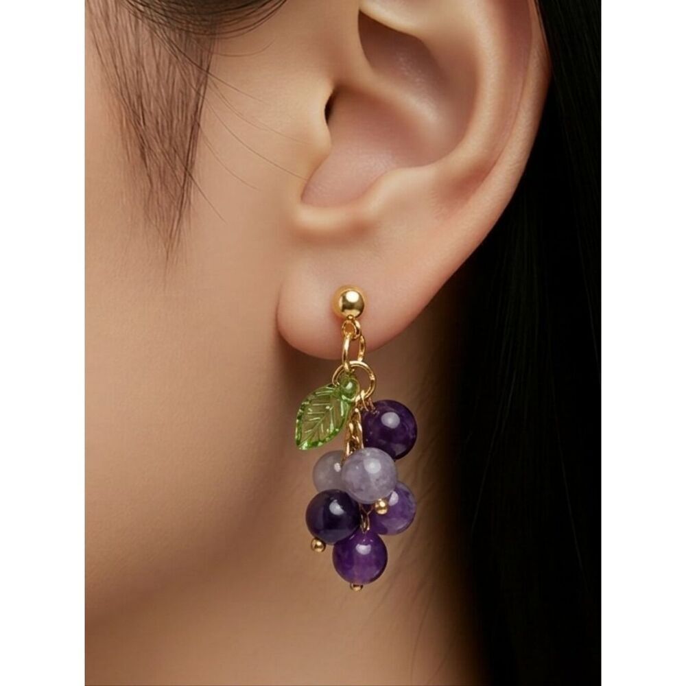 Purple Grape Cluster Dangle Earrings Glass Beads Vintage Fruitcore Gold Studs